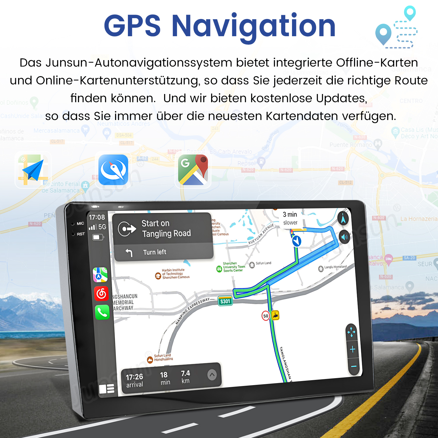 System nawigacji samochodowej z mapą wyświetlającą trasę, z tekstem wskazującym nawigację GPS i funkcje mapy.