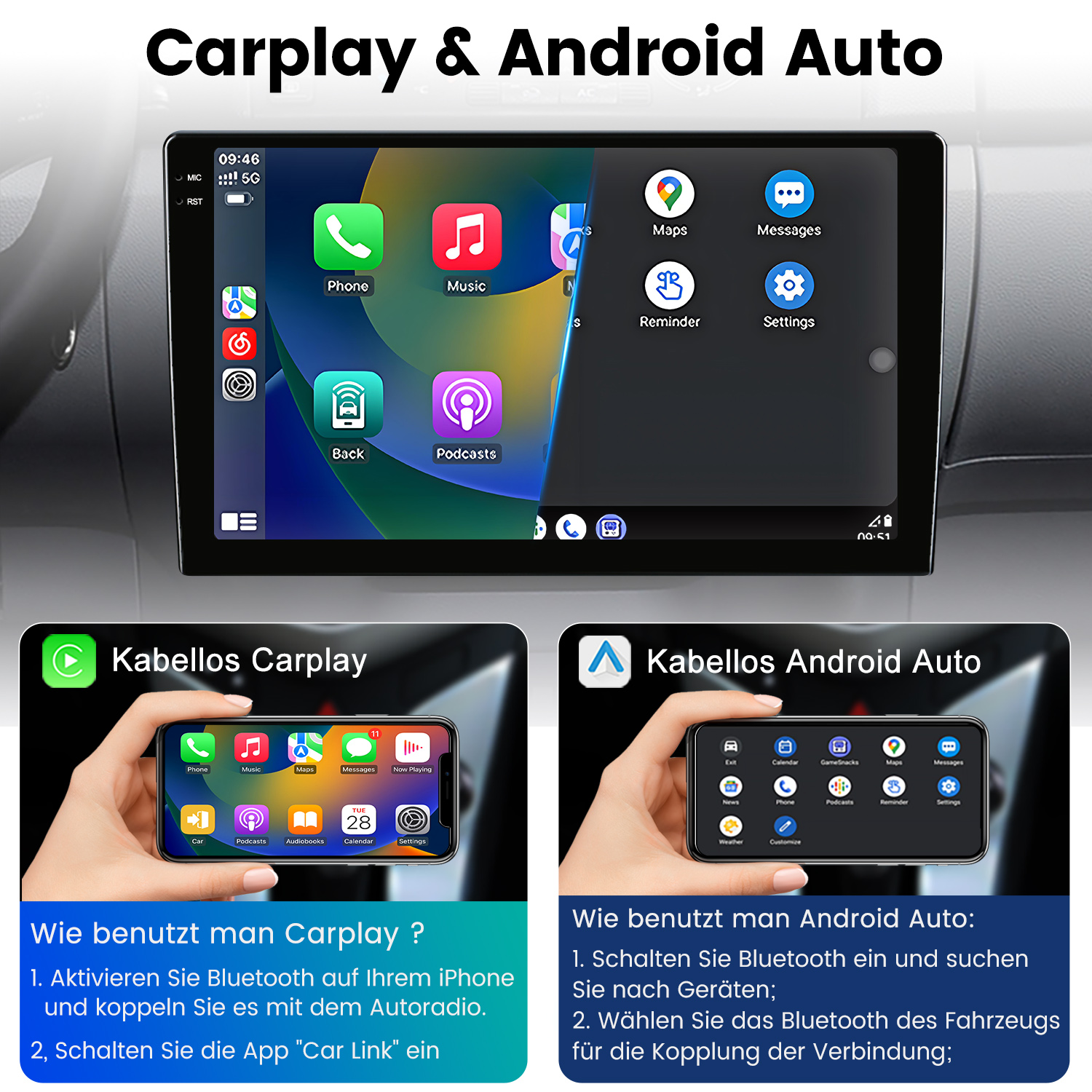 Wyświetlacz samochodowy pokazuje interfejsy CarPlay i Android Auto. Dwa telefony pokazują kroki połączenia.
