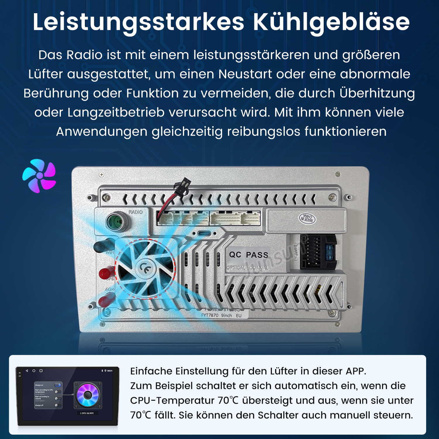 Bild der Rückseite eines Autoradios mit einem Lüfter und verschiedenen Anschlüssen. Text erklärt das Kühlsystem.