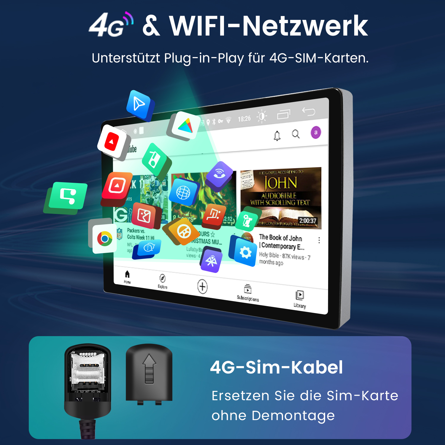Cyfrowy ekran radia samochodowego wyświetlający różne ikony aplikacji i funkcje, z połączeniem karty SIM 4G.
