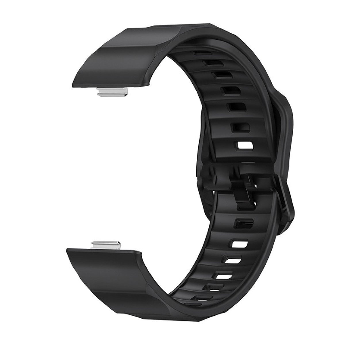 Un cinturino nero con un design curvo, staccato. Presenta diversi ritagli rettangolari.