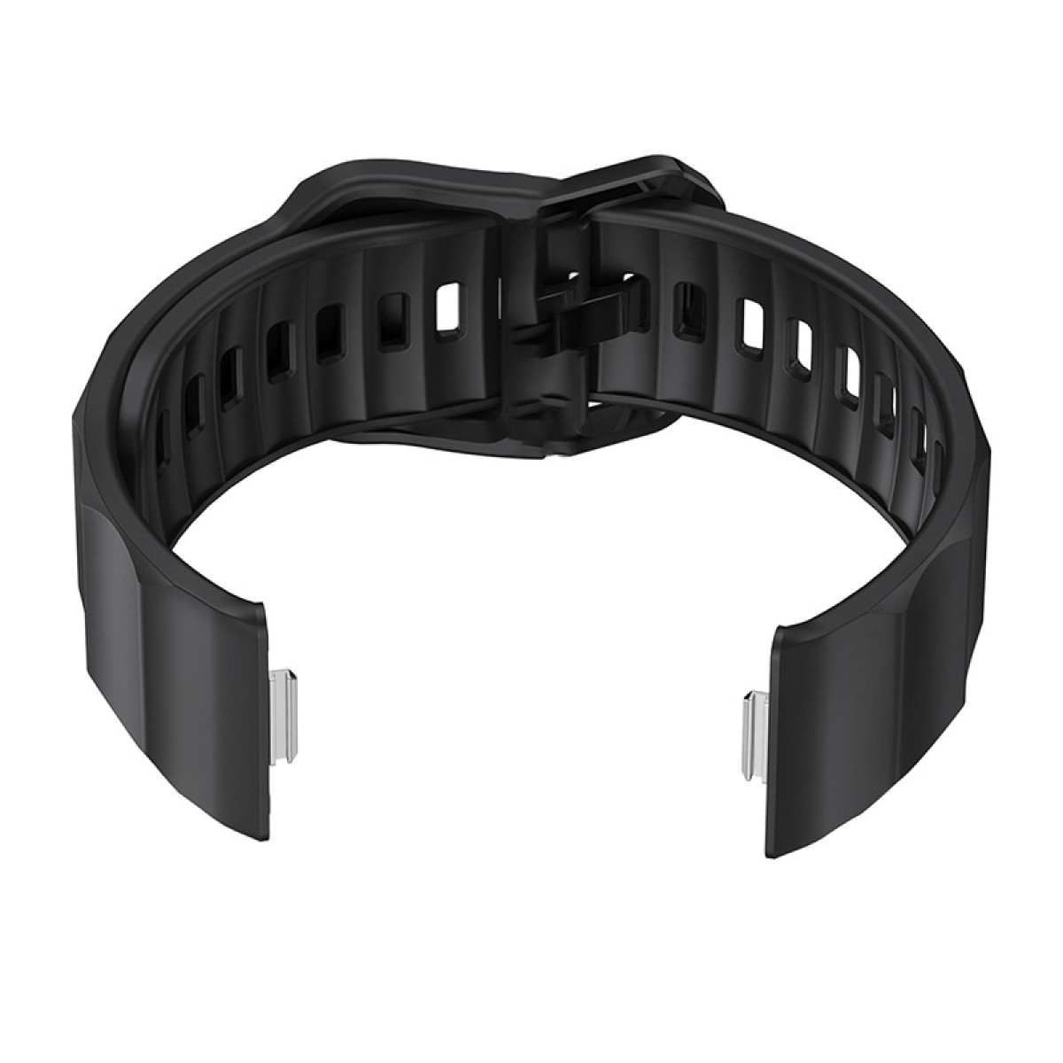 Un cinturino nero con fibbia, staccato. Ha un design curvo con diversi ritagli rettangolari.