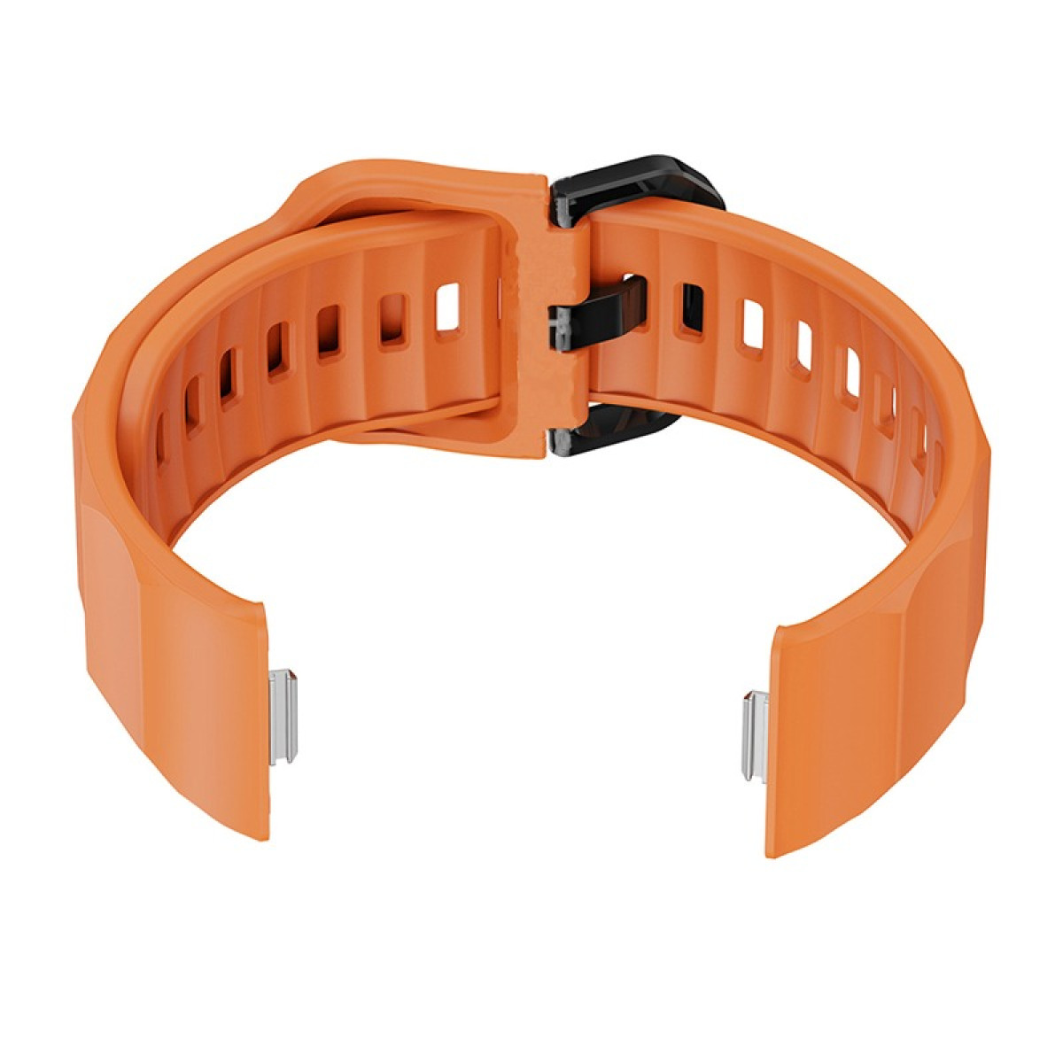 Ein orangefarbenes Uhrenarmband mit schwarzer Schnalle. Der Riemen ist abgenommen und hat rechteckige Ausschnitte.
