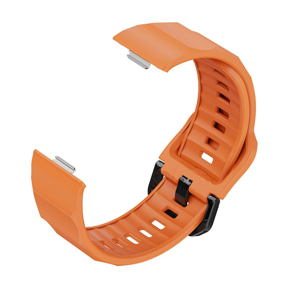 Ein orangefarbenes Uhrenarmband mit strukturierter Oberfläche und Verschlüssen für eine Smartwatch, mit schwarzem Verschluss.