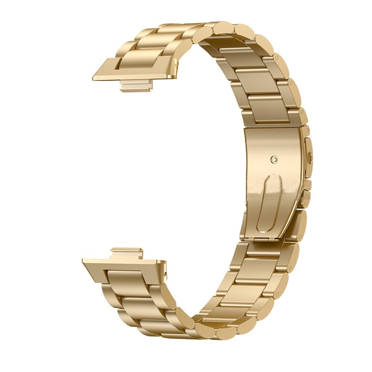 Un cinturino color oro composto da pezzi metallici collegati, con una chiusura.