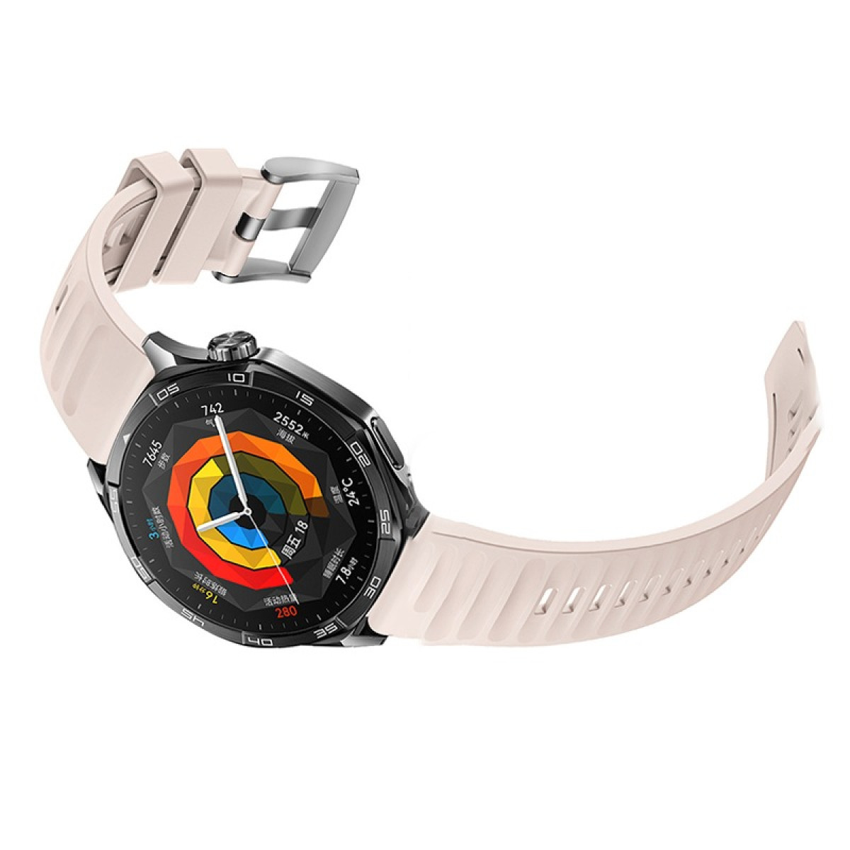 Eine Smartwatch mit pinkfarbenem Armband und schwarzem, rundem Zifferblatt mit Metriken und Zahlen.