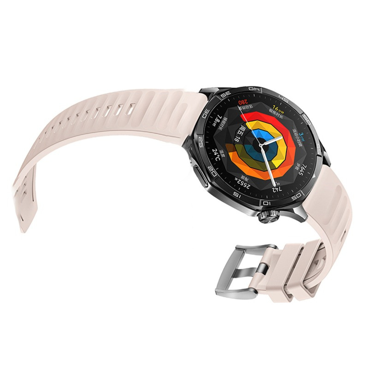 Eine Smartwatch mit pinkfarbenem Armband und schwarzem, rundem Zifferblatt mit Fitness- und Zeitmesswerten.