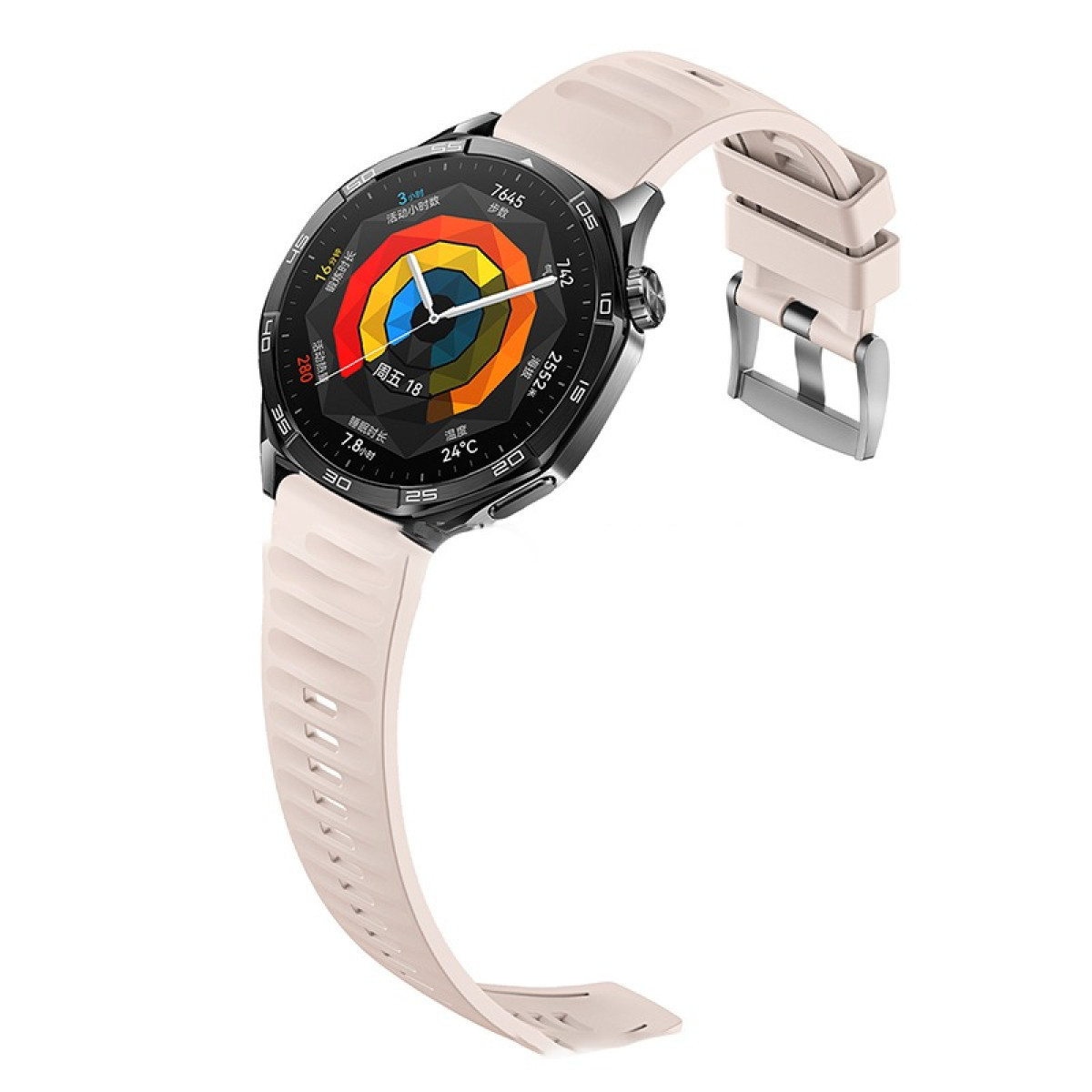 Eine Smartwatch mit pinkfarbenem Armband und schwarzem, rundem Zifferblatt mit Metriken, Zahlen und Uhrzeit.
