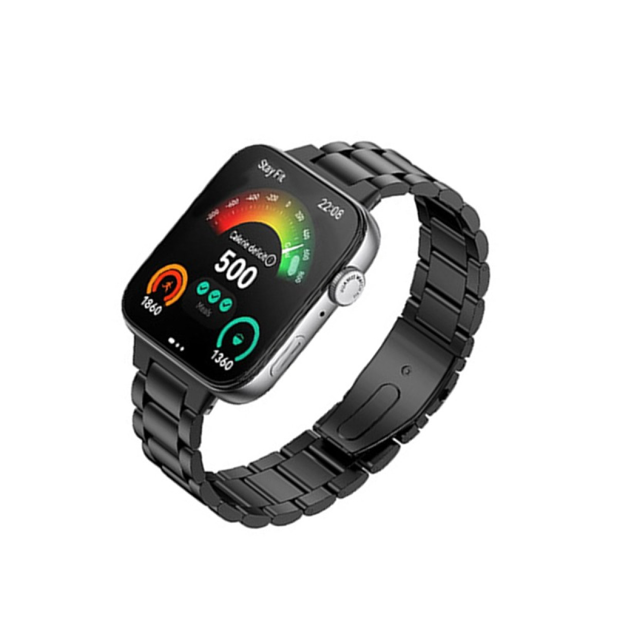 Eine Smartwatch mit schwarzem Metallarmband zeigt Gesundheitsmetriken wie Kalorien und Zeit an.