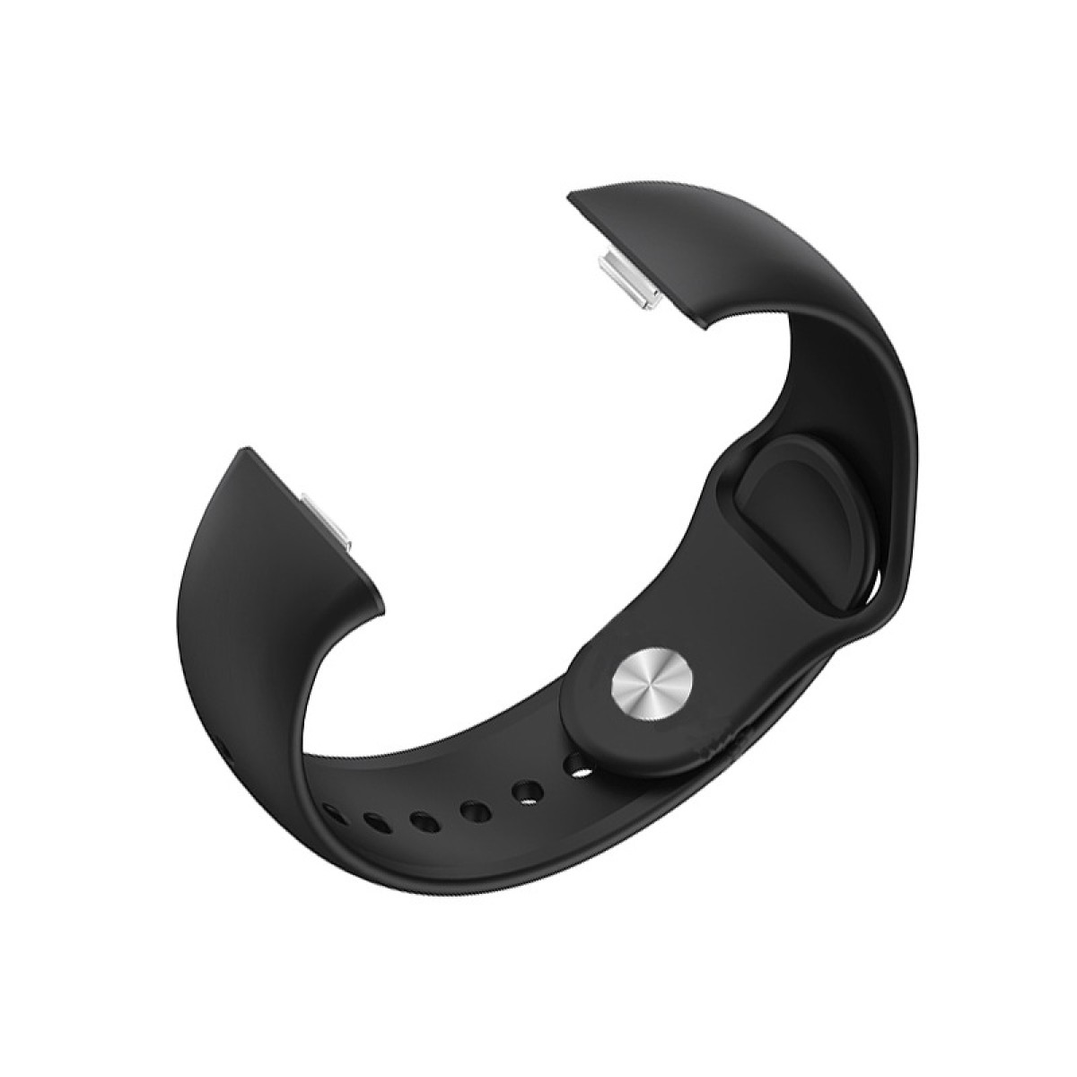 Ein schwarzes, gebogenes Uhrenarmband vor weißem Hintergrund. Es hat einen Metallverschluss und Löcher.