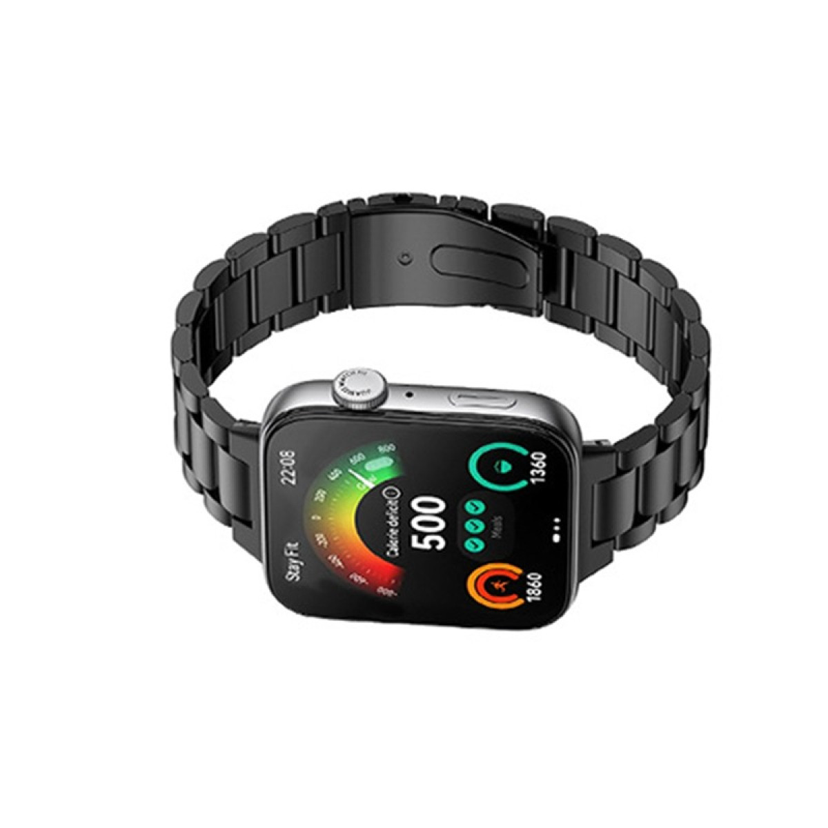 Eine Smartwatch mit schwarzem Metallarmband zeigt eine Fitness-Oberfläche. Das Armband umschließt die Uhr.