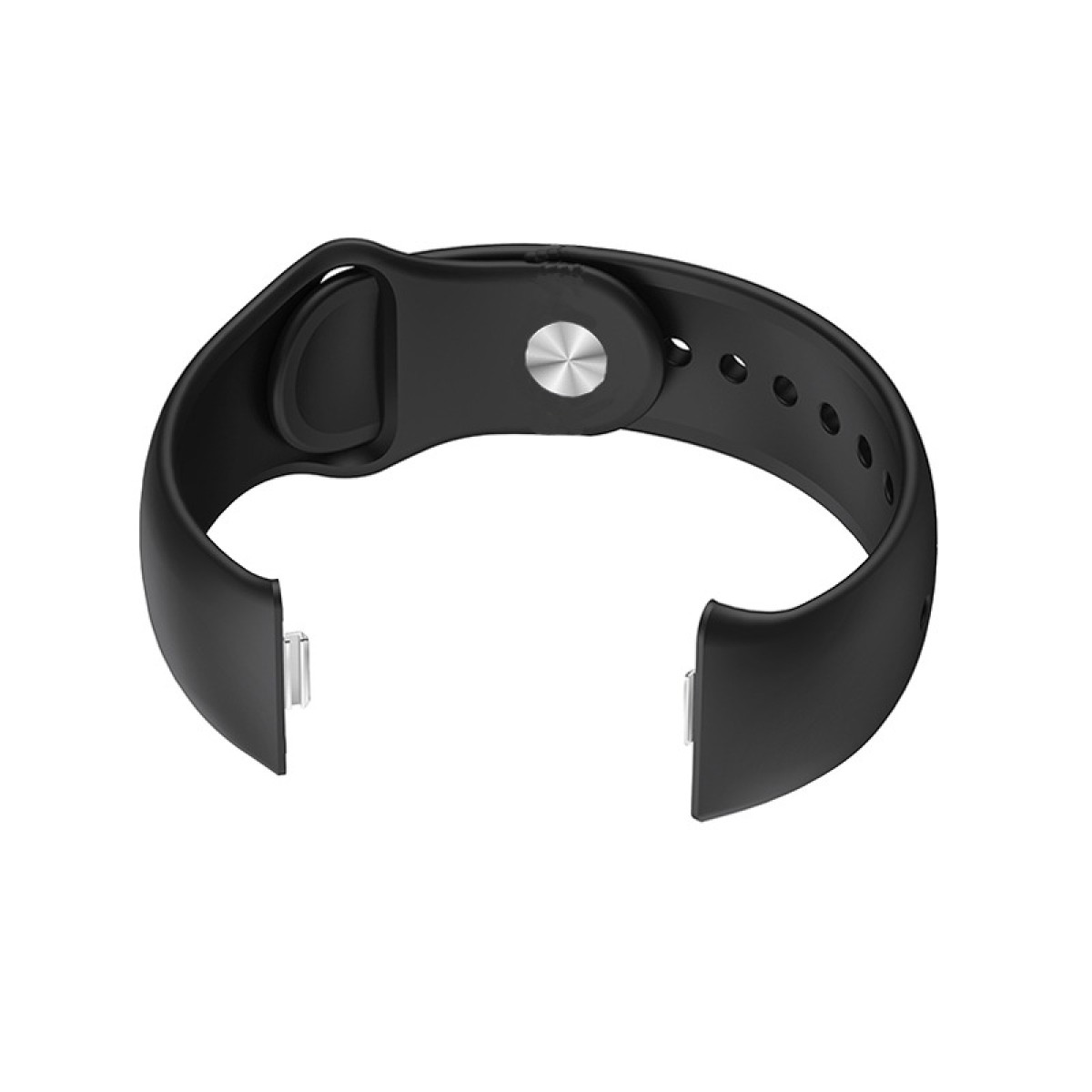 Ein schwarzes Armband wird angezeigt. Das Armband ist geöffnet. Die Schnalle ist sichtbar.
