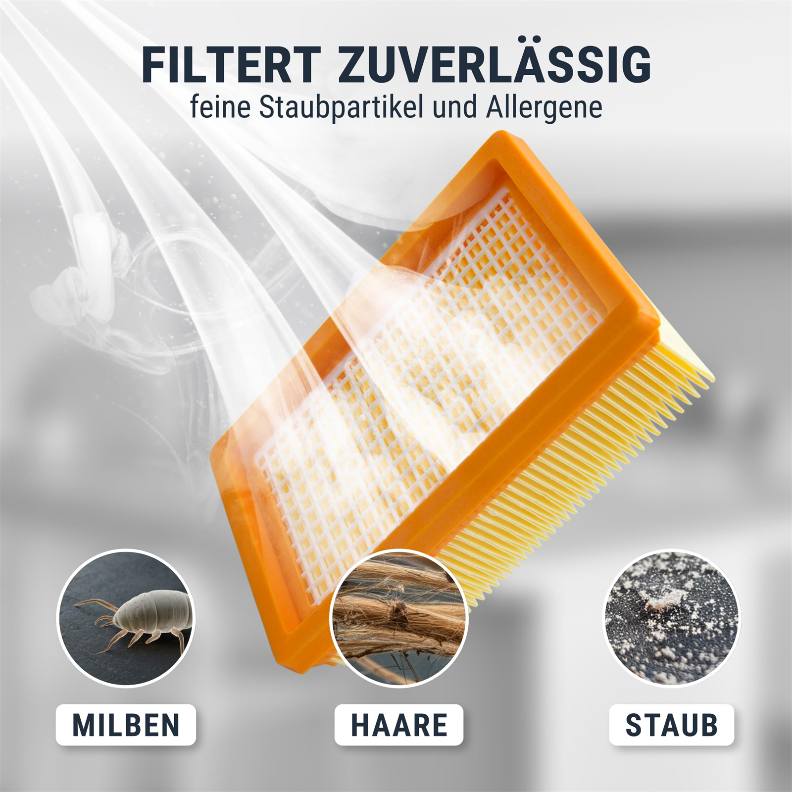 Staubsaugerfilter mit Text und Illustrationen. Zeigt Staub, Haare und Milben. Filter ist orange und weiß.