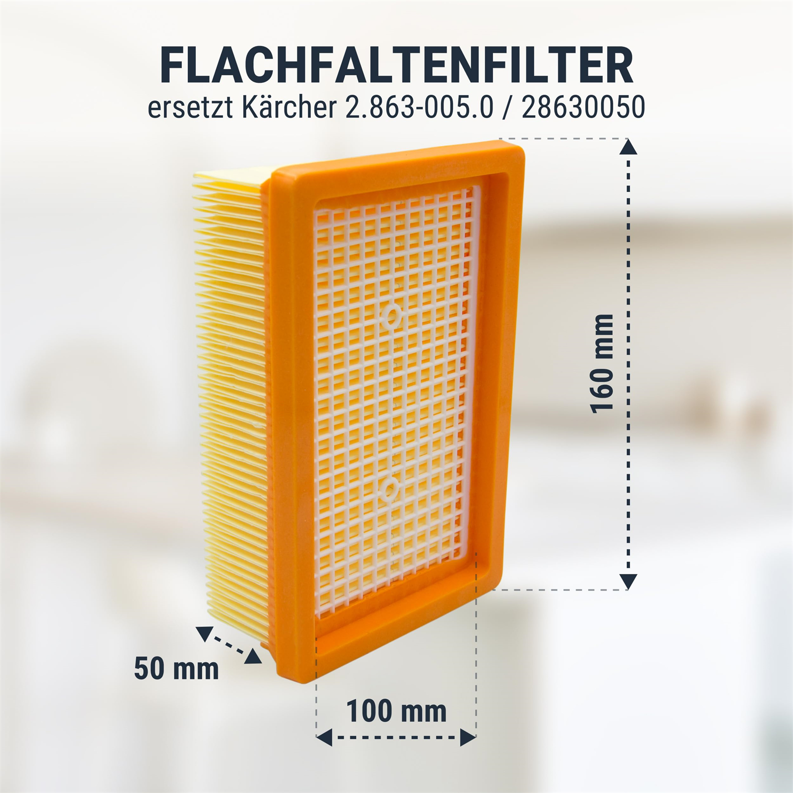 Ein rechteckiger orangefarbener Luftfilter mit weißem Gitter, daneben Maße in mm: 160x100x50. Text oben: Flachfaltenfilter.