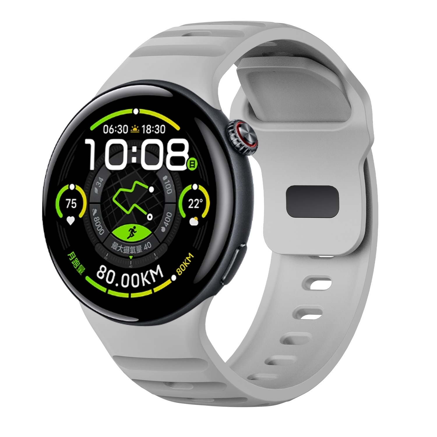 Uno smartwatch grigio con schermo rotondo nero visualizza ora, passi e altri dati.