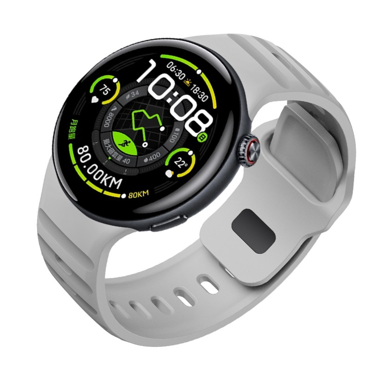Uno smartwatch grigio con schermo nero che mostra dati e cinturino bianco. Il display mostra l'ora.