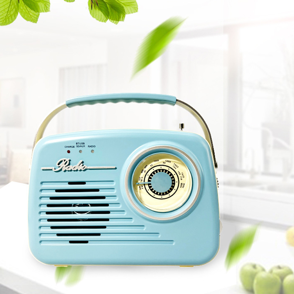Ein blaues Retro-Radio mit grünen Blättern, die darum schweben, auf einer weißen Oberfläche.