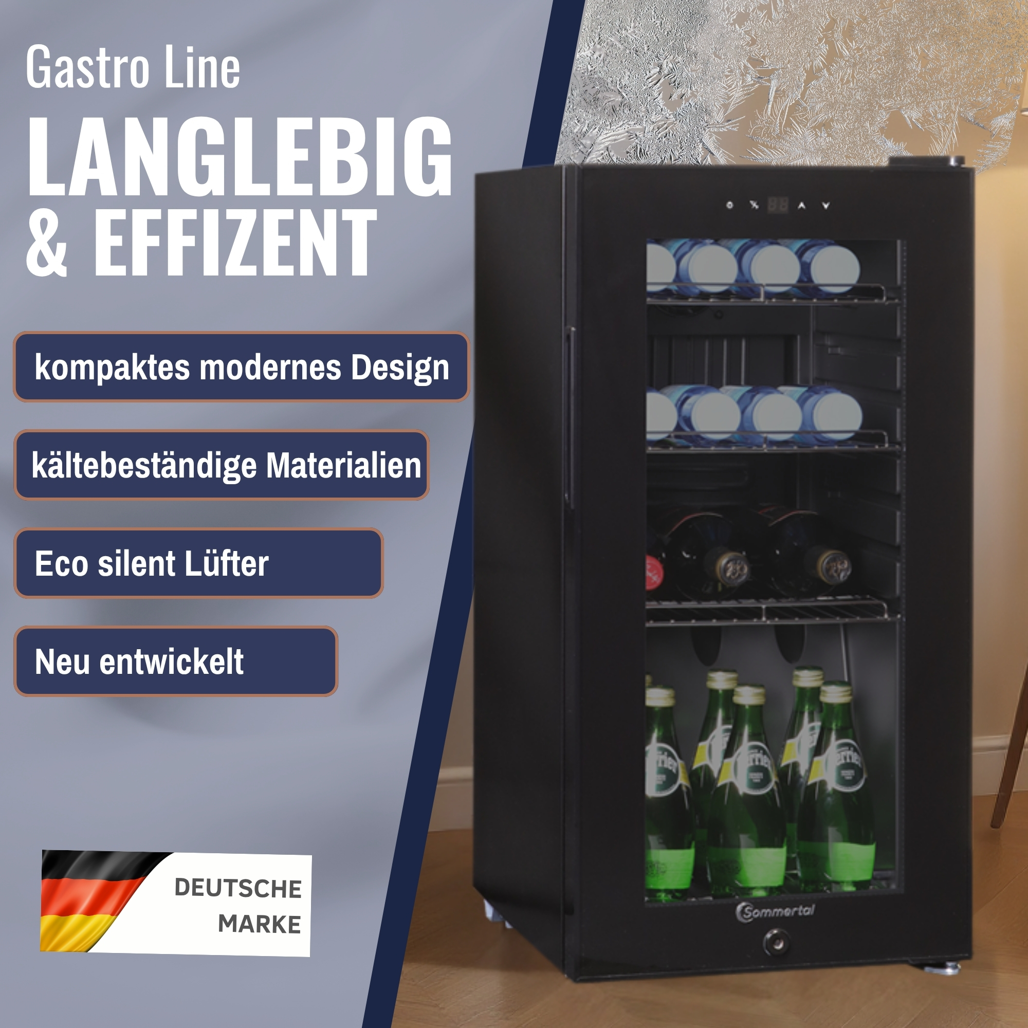 Schwarzer Weinkühler mit Glastür. Flaschen im Inneren. Text und deutsche Flagge an der Seite.