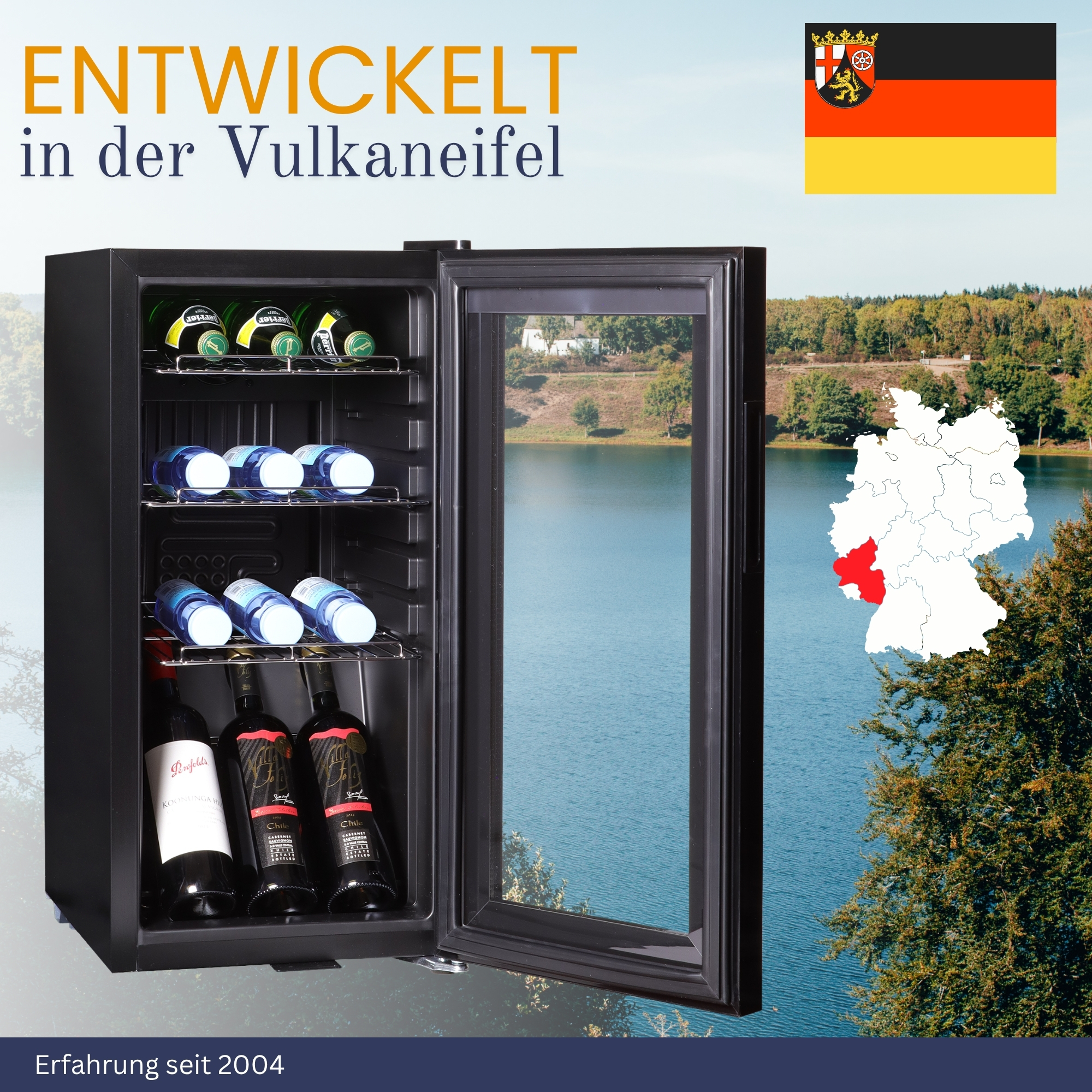 Weinkühler mit Flaschen, Karte und deutscher Flagge, vor Seeblick.