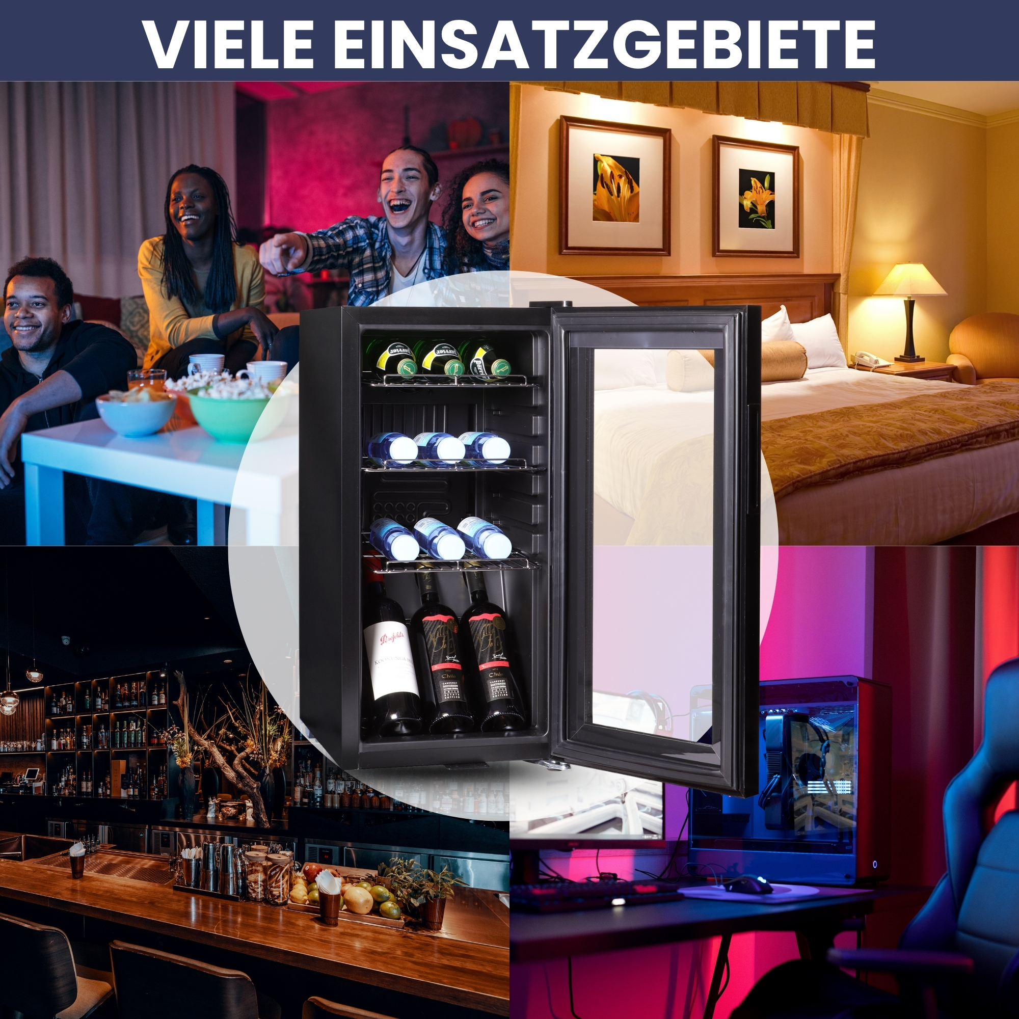 Collage von Szenen: Freunde schauen fern, Schlafzimmer, Bar und Gaming-Setup.