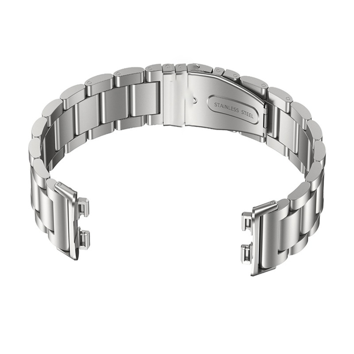 Ein silbernes Edelstahl-Uhrenarmband, gebogen und geöffnet. Der Verschluss trägt die Aufschrift 'STAINLESS STEEL'.