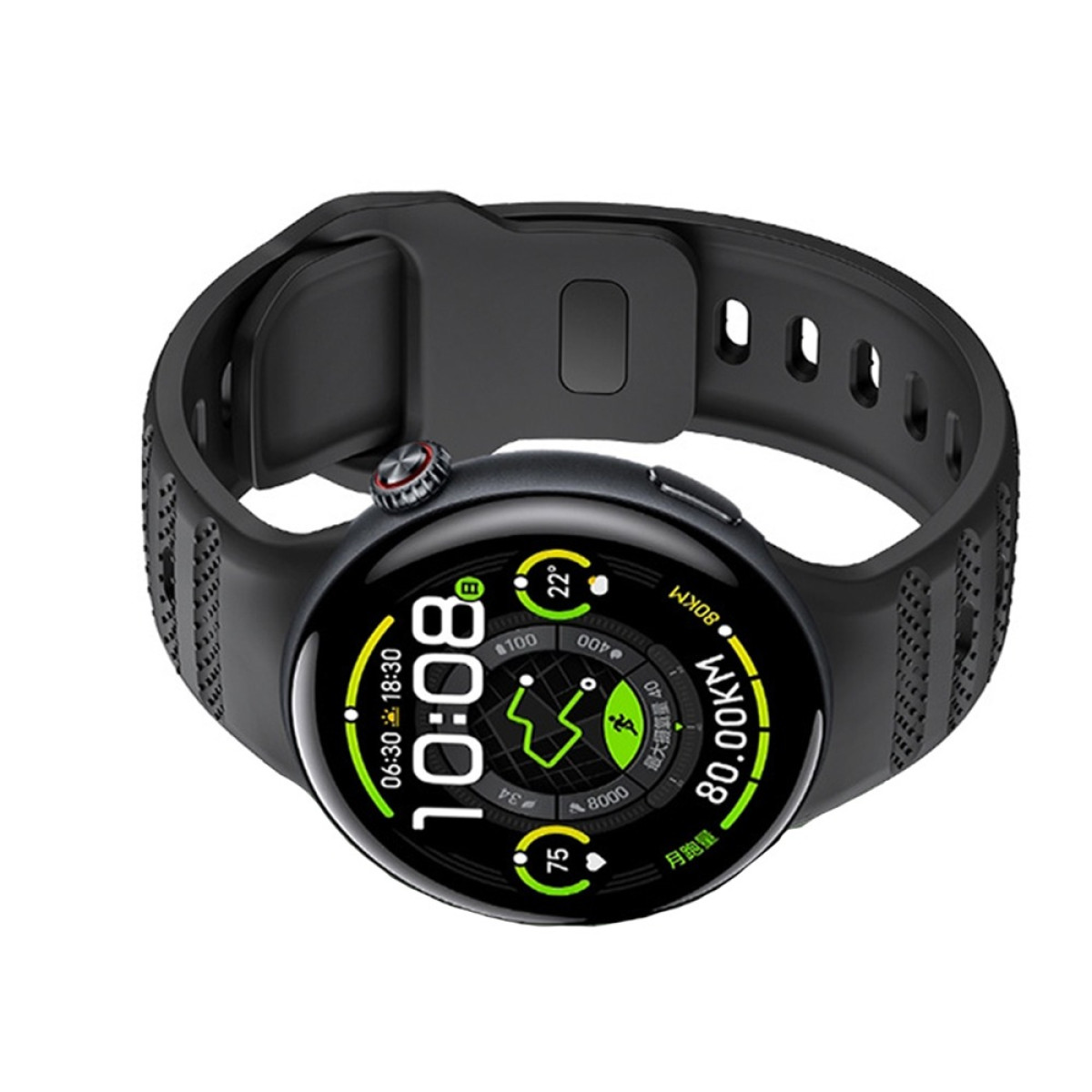 Schwarze Smartwatch mit rundem Display, zeigt Zeit und Aktivitätsmetriken. Schwarzes Band.