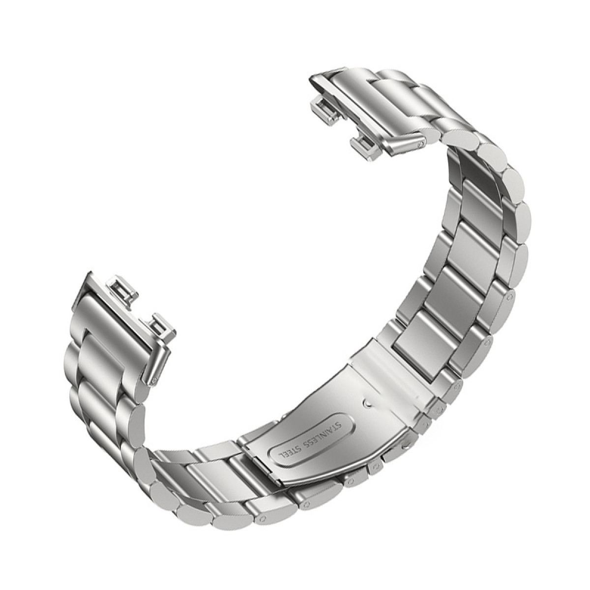 Ein silbernes Edelstahl-Uhrenarmband, gebogen und geöffnet. Der Verschluss trägt die Aufschrift 'STAINLESS STEEL'.