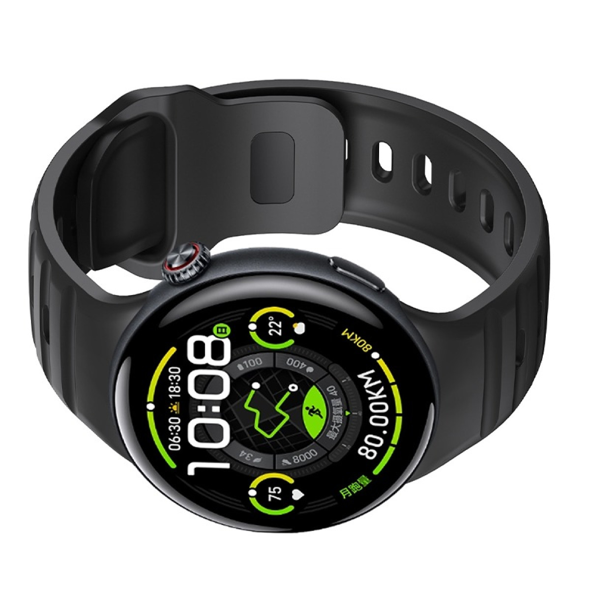 Schwarze Smartwatch mit rundem Display, zeigt Zeit und Metriken. Schwarzes Band umgibt die Uhr.