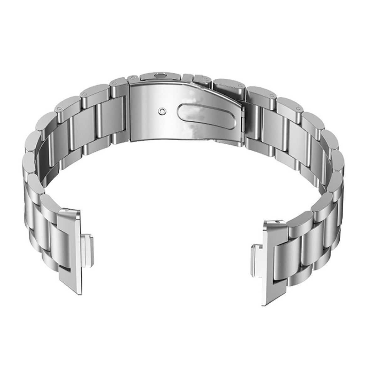 Silbernes Metall-Uhrenarmband, gebogen, mit Verschluss und Anschlüssen.