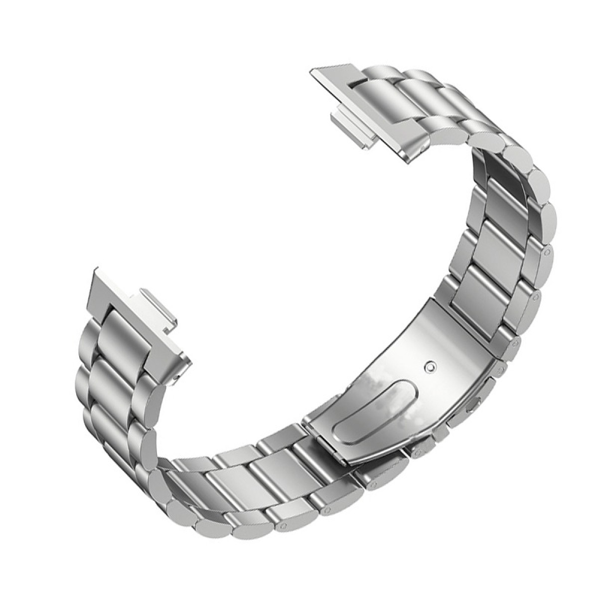 Silbernes Metall-Uhrenarmband, gebogen, mit Verschluss und Anschlüssen.