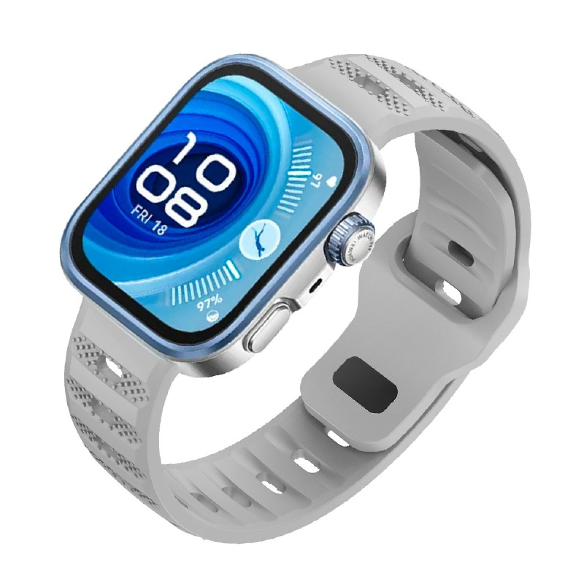 Smartwatch, cinturino grigio, schermo con bordi blu che mostra ora e data, vista angolata.