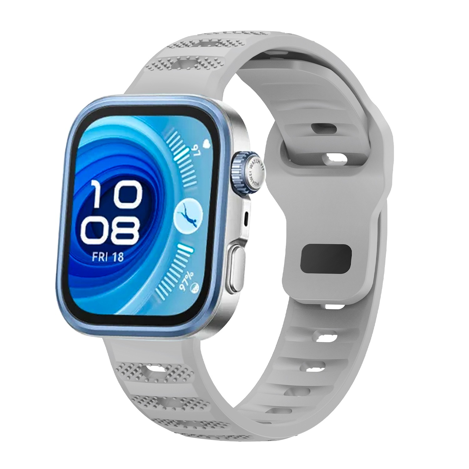 Smartwatch con cinturino grigio, schermo con bordi blu che mostra ora e data.