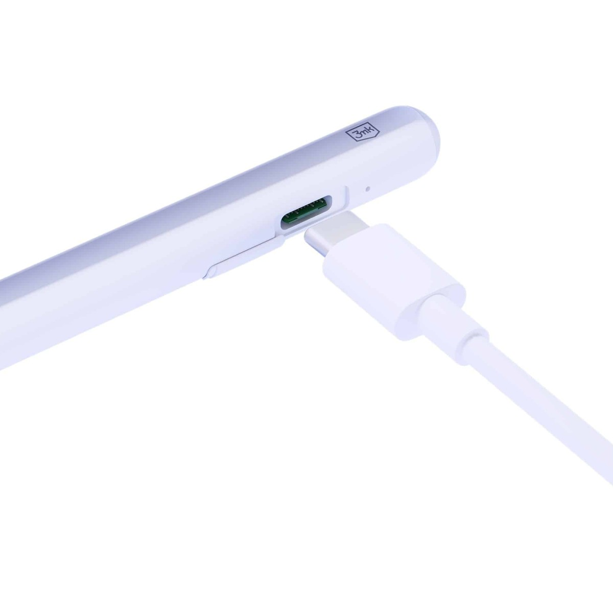 Biały rysik ładujący się kablem USB-C. Port jest widoczny. Marka jest widoczna.