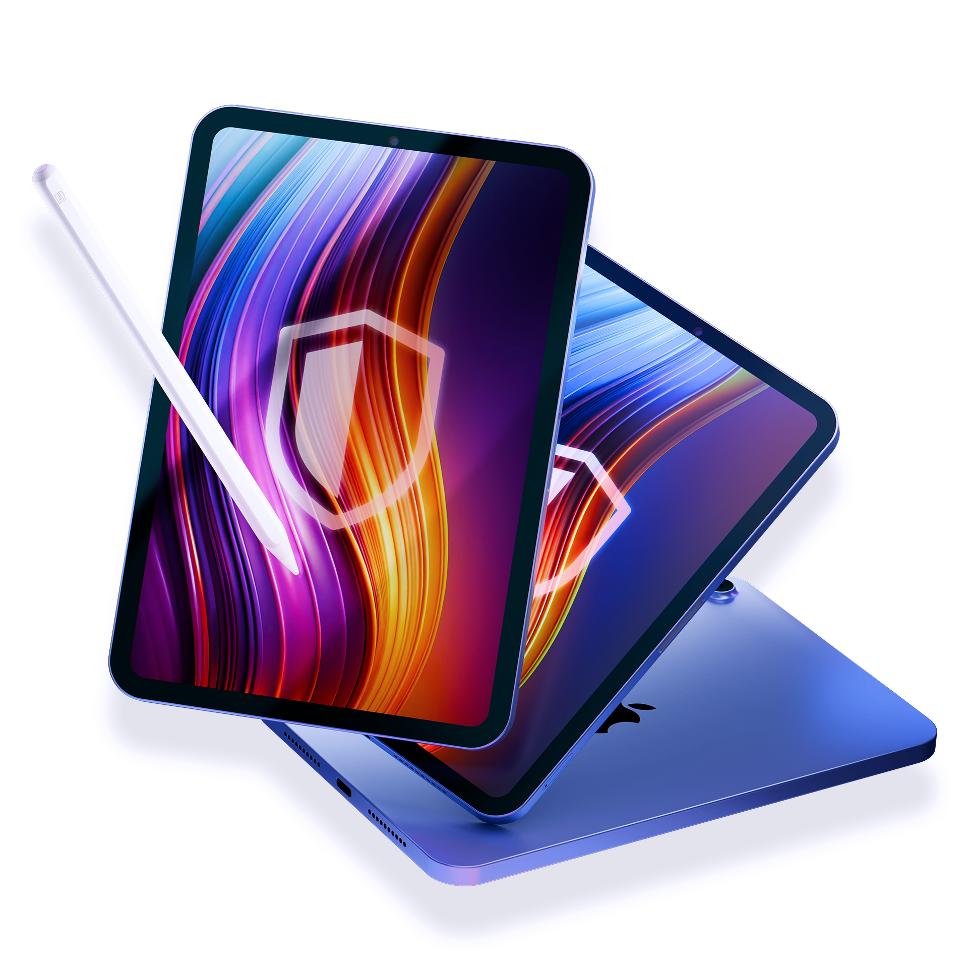 Dwa fioletowe tablety z rysikami, ikona tarczy na ekranach. Białe tło, widok z kąta.