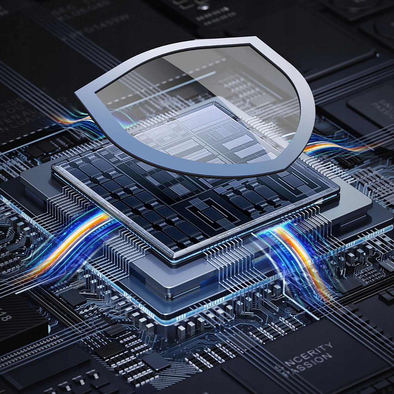 Zbliżenie płytki drukowanej z symbolem tarczy i kolorowymi smugami światła. Ma wiele małych kwadratów.