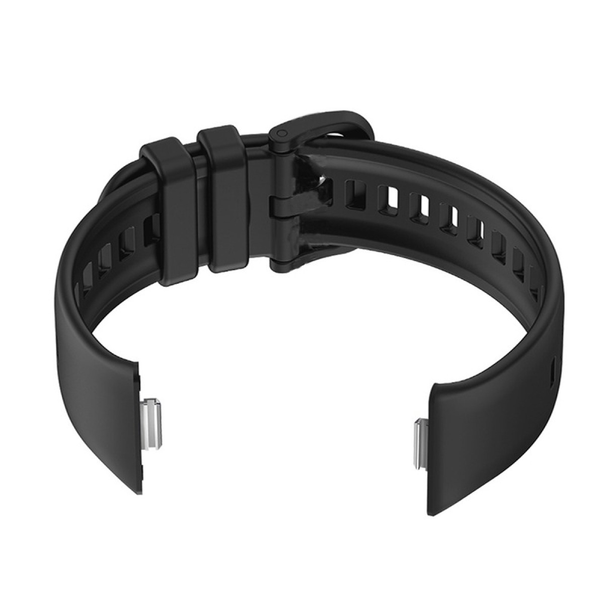 Ein schwarzes Uhrenarmband mit Schnallenverschluss. Das Armband ist an den Enden offen.