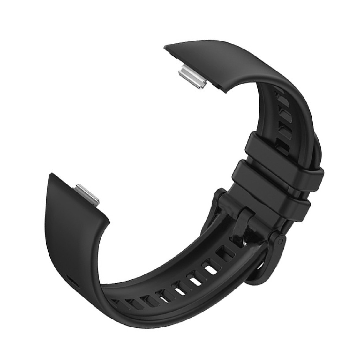 Ein schwarzes Uhrenarmband, gebogen und offen.