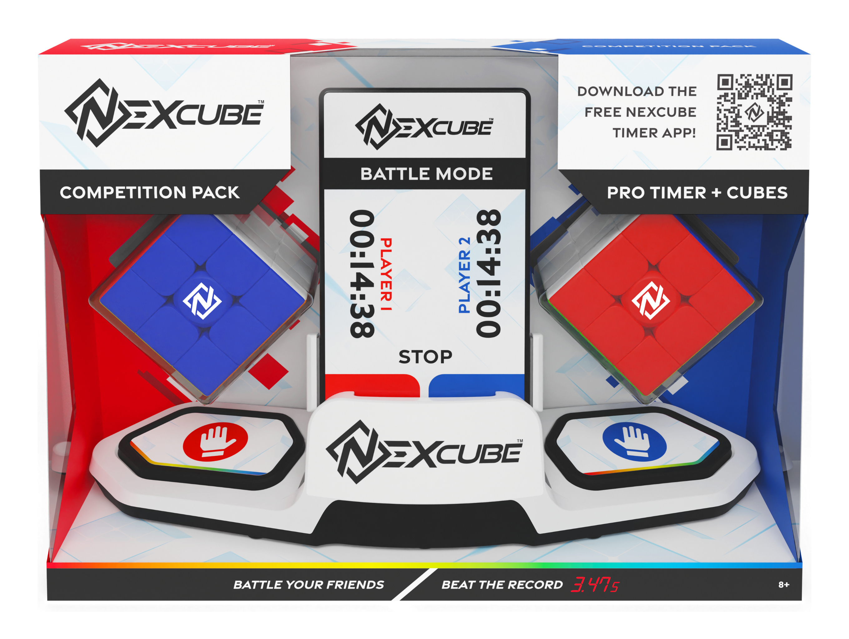 Timer bitwy Nexcube z dwiema kostkami Rubika: niebieską i czerwoną, z wyświetlaczami czasu.