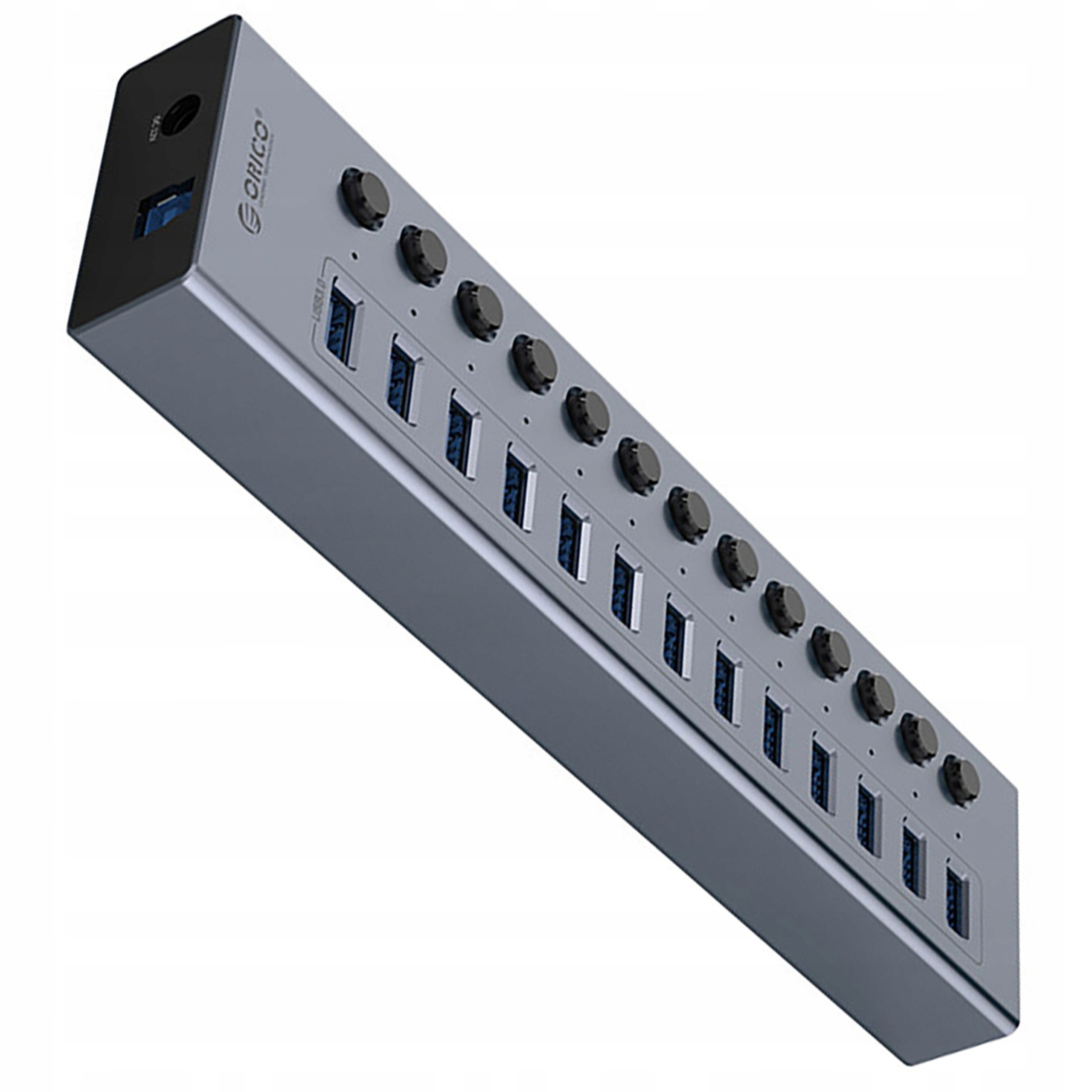 Srebrny koncentrator USB Orico z wieloma portami, widok z boku, na białym tle.