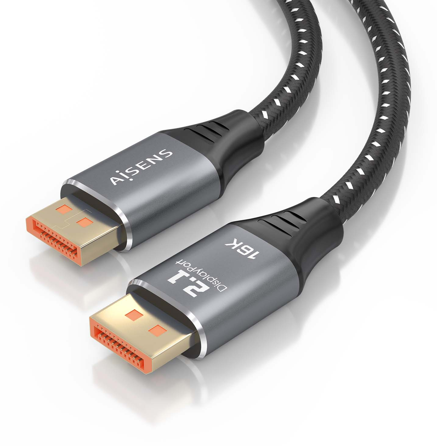 Twee zwart-grijze 2.1 DisplayPort-kabels, met oranje connectortips, op een witte achtergrond.