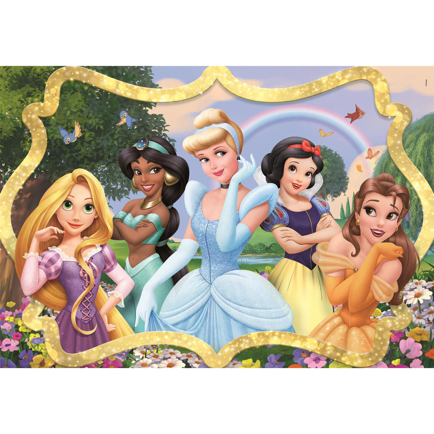 Fünf Disney-Prinzessinnen in einem goldenen Rahmen. Sie stehen vor einem blumigen Hintergrund.