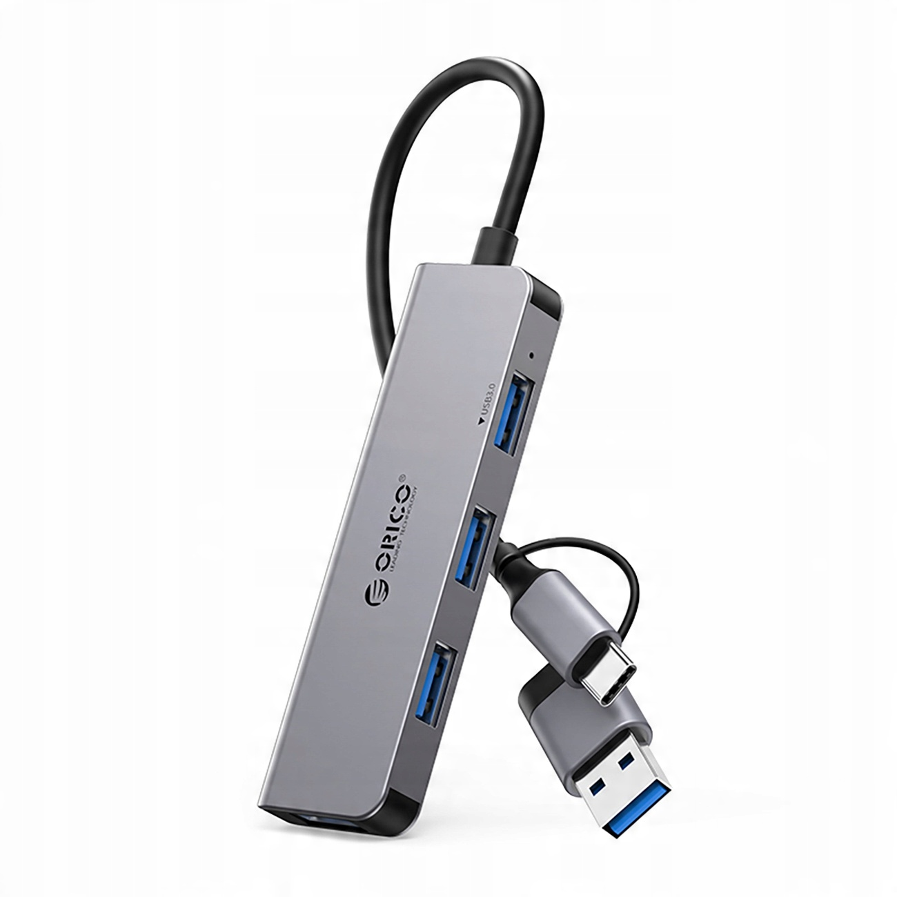 Srebrny hub USB z 3 portami USB oraz złączem USB-C i USB na białym tle.