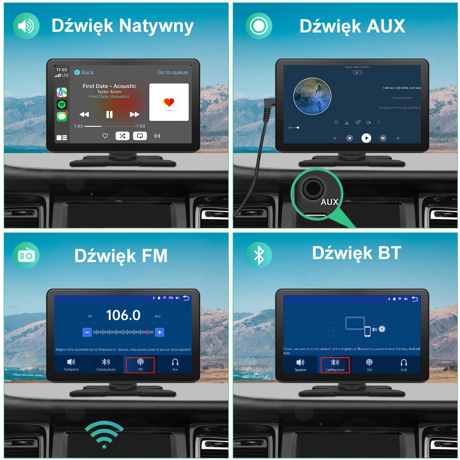 Cztery ekrany wyświetlające multimedia, w tym interfejsy podobne do telefonów dla muzyki i radia.
