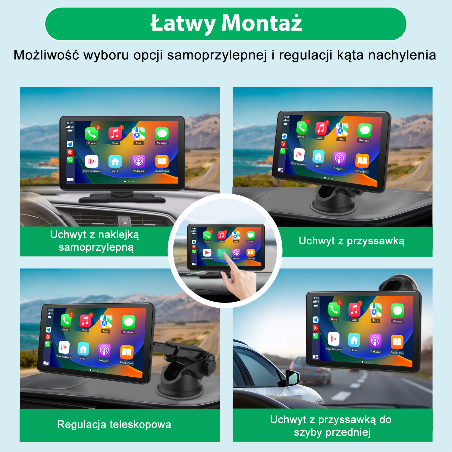 Cztery obrazy przedstawiają ekrany deski rozdzielczej samochodu z różnymi opcjami montażu: klej, przyssawka, teleskopowy i mocowanie do przedniej szyby.
