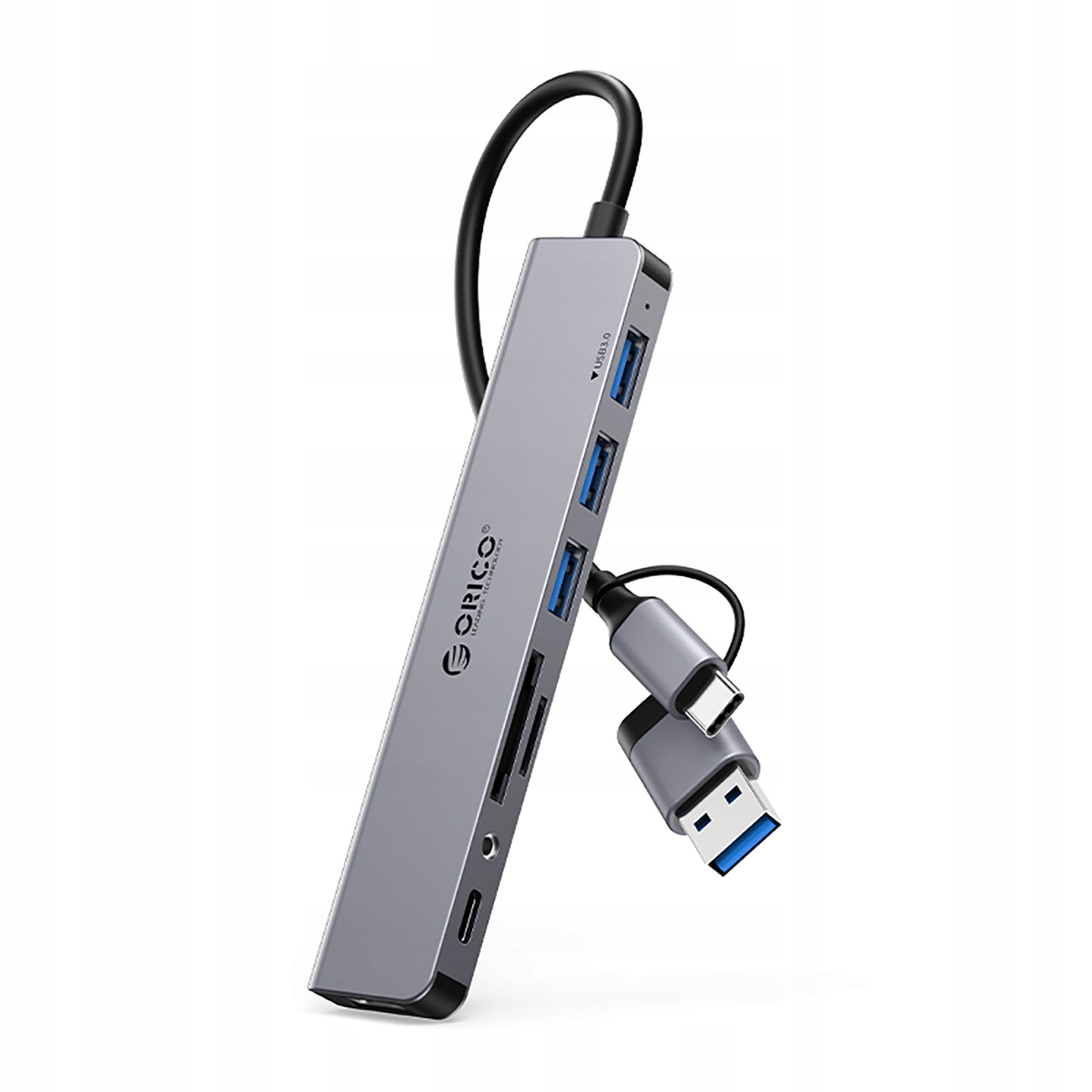 Srebrny hub USB z wieloma portami i adapterem USB-C.