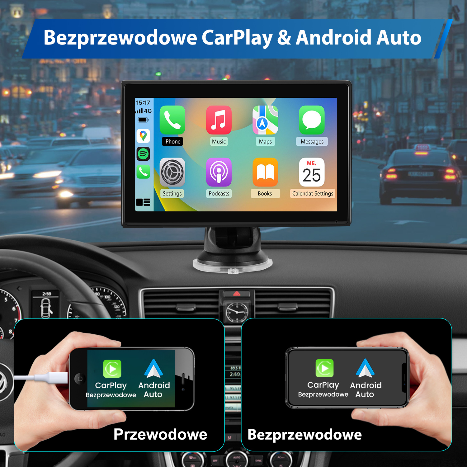 Ekran deski rozdzielczej samochodu wyświetla interfejs telefonu z opcjami CarPlay i Android Auto.