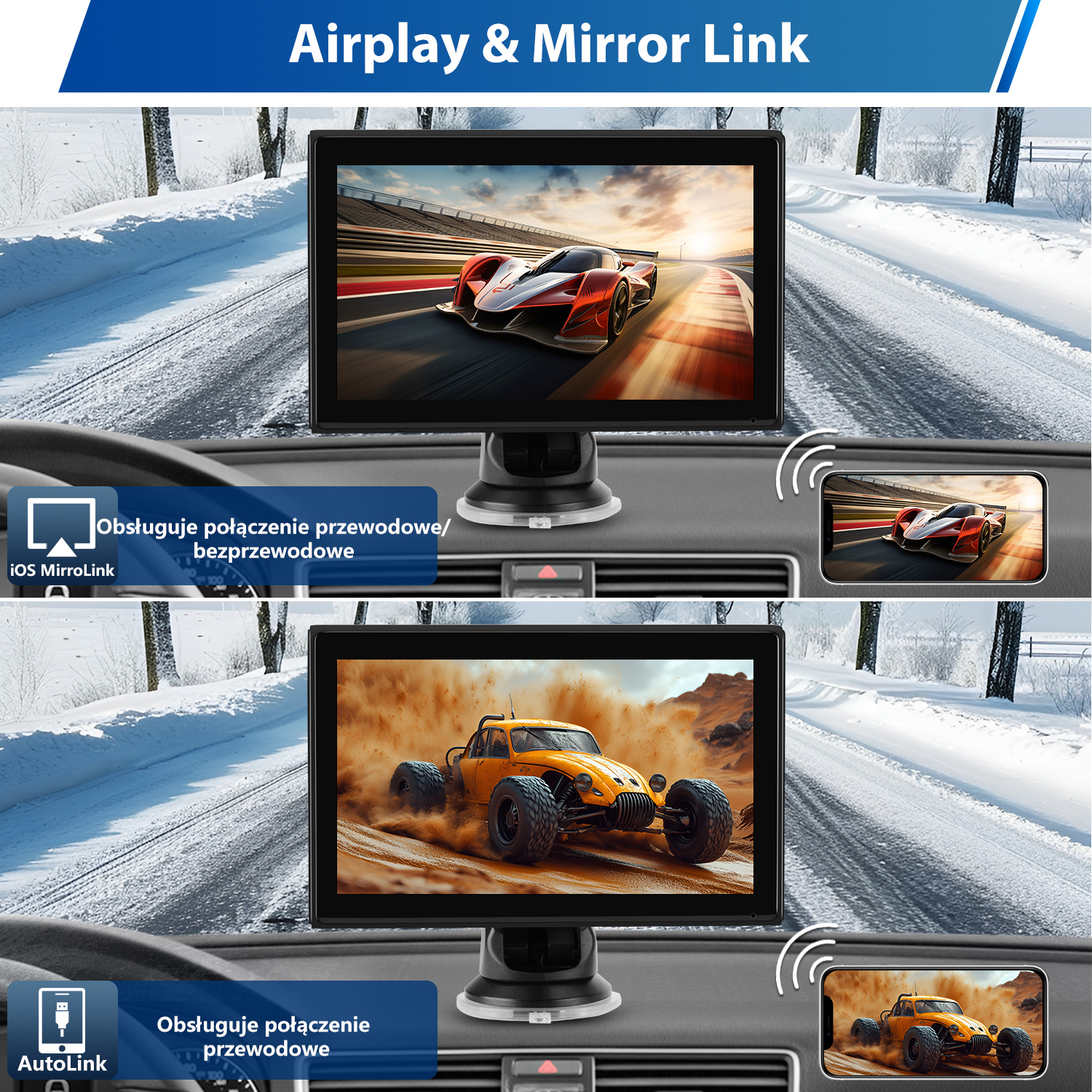 Dwa ekrany deski rozdzielczej samochodu pokazujące wyścigi samochodowe i terenowe z tekstem Airplay & Mirror Link.