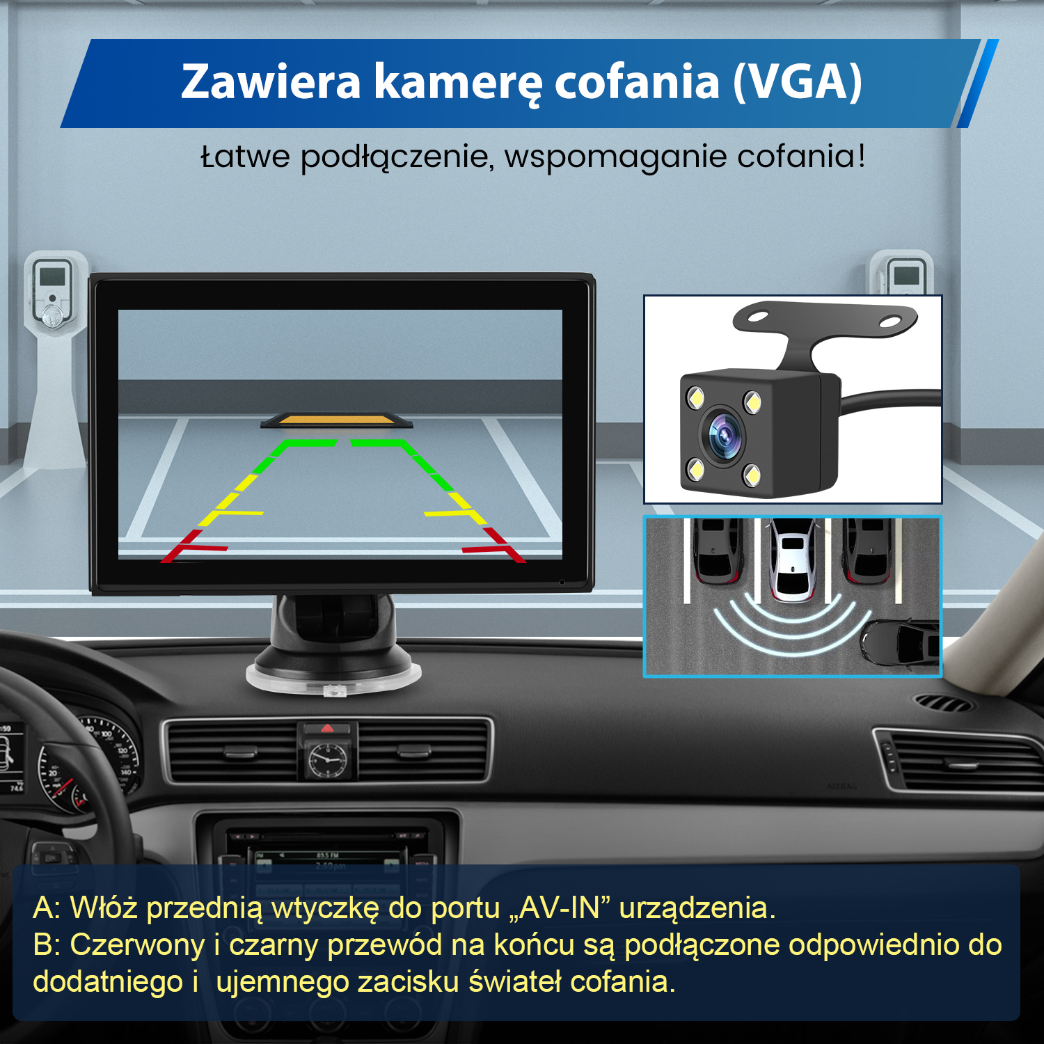 Deska rozdzielcza samochodu z ekranem pokazującym widok z kamery cofania.
