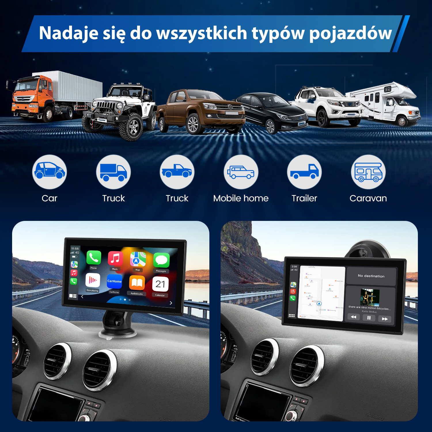 Ekrany deski rozdzielczej samochodu, pokazujące różne typy samochodów i dwa ekrany z interfejsami nawigacji.