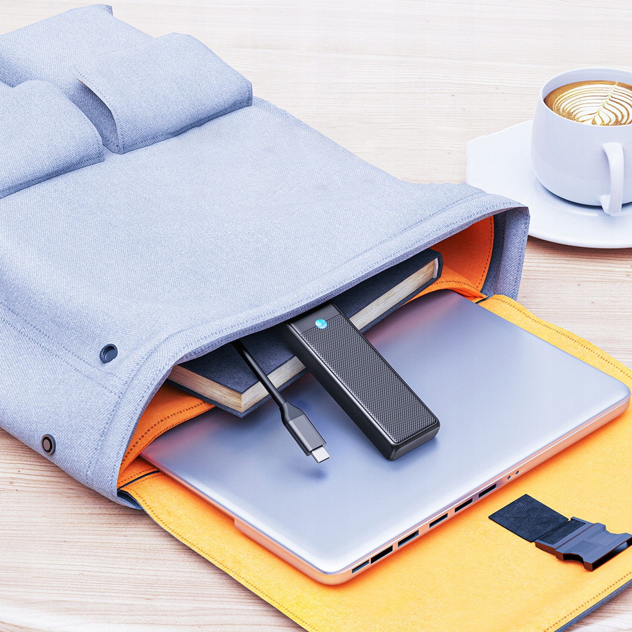 Dyski twarde w szarej stacji dokującej. Prędkość: 200MB/s. Niebieskie i czarne tło. Białe litery.